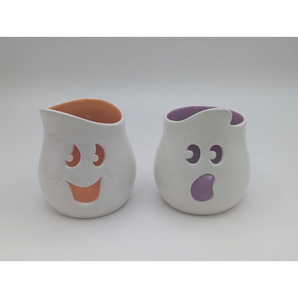 PartyLite Ghouly Tealight Trio Ghost Candle Holders Ceramic Halloween Lot of 2
